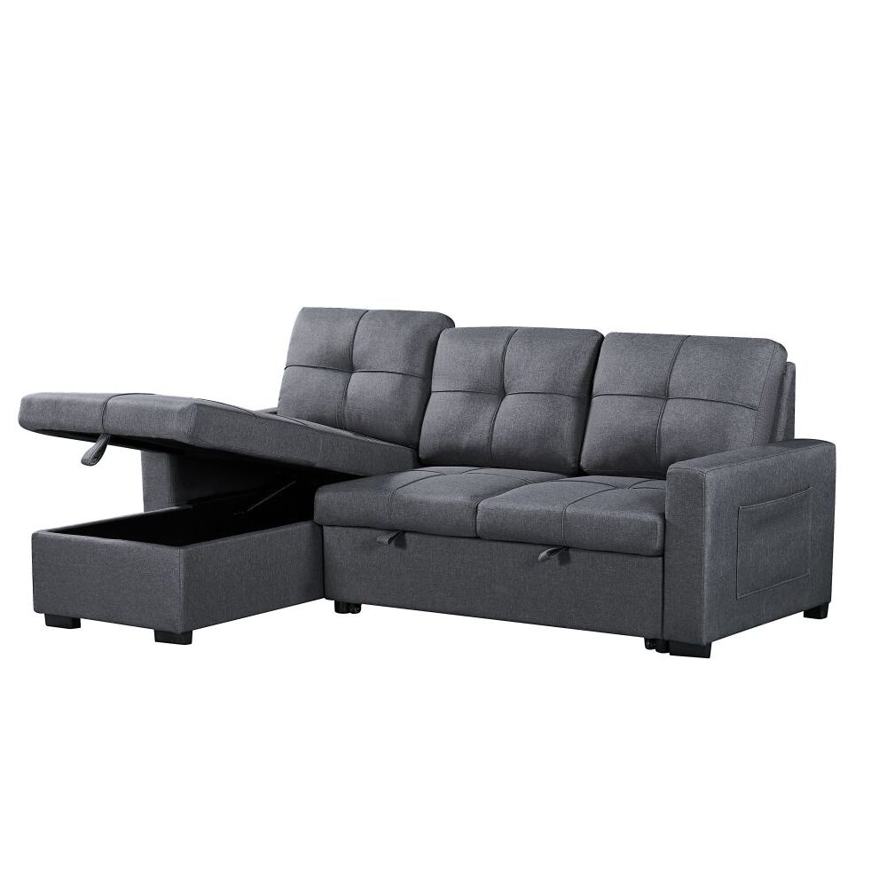 Naples Linen 3-Seater L Shape Sofa with Storage Chaise, Pullout Footrest & Drop-Down Drinks Holder in Dark Grey