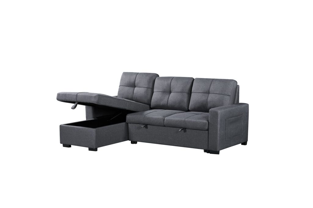 Naples Linen 3-Seater L Shape Sofa with Storage Chaise, Pullout Footrest & Drop-Down Drinks Holder in Dark Grey