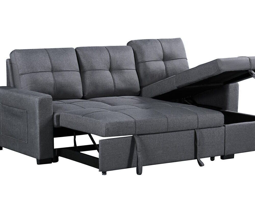Naples Linen 3-Seater L Shape Sofa with Storage Chaise, Pullout Footrest & Drop-Down Drinks Holder in Dark Grey