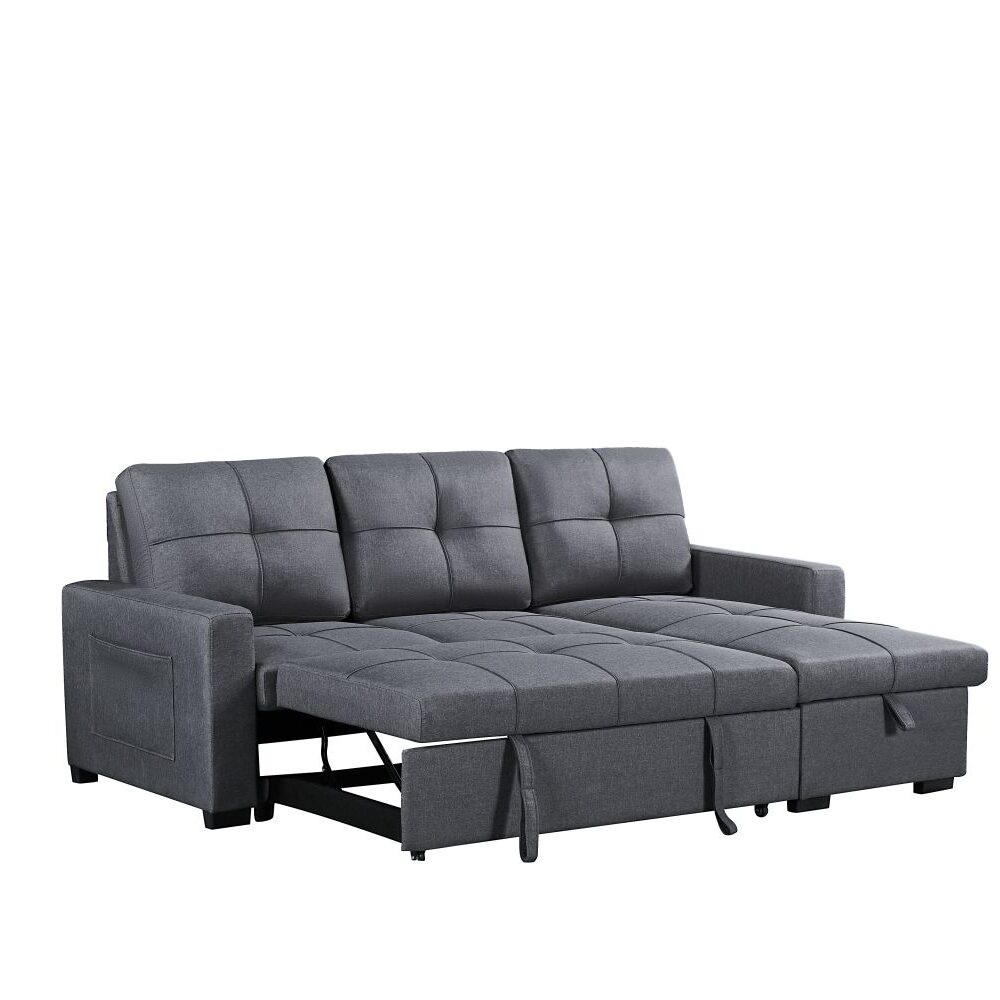 Naples Linen 3-Seater L Shape Sofa with Storage Chaise, Pullout Footrest & Drop-Down Drinks Holder in Dark Grey