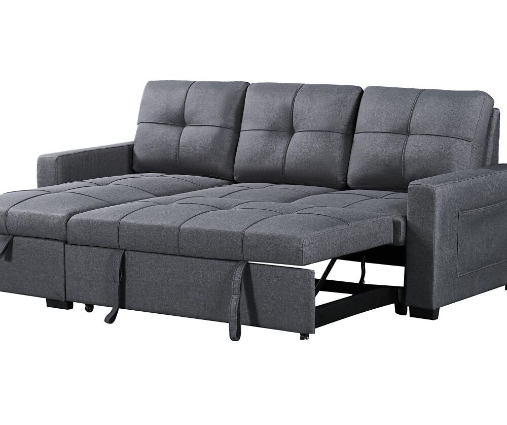 Naples Linen 3-Seater L Shape Sofa with Storage Chaise, Pullout Footrest & Drop-Down Drinks Holder in Dark Grey