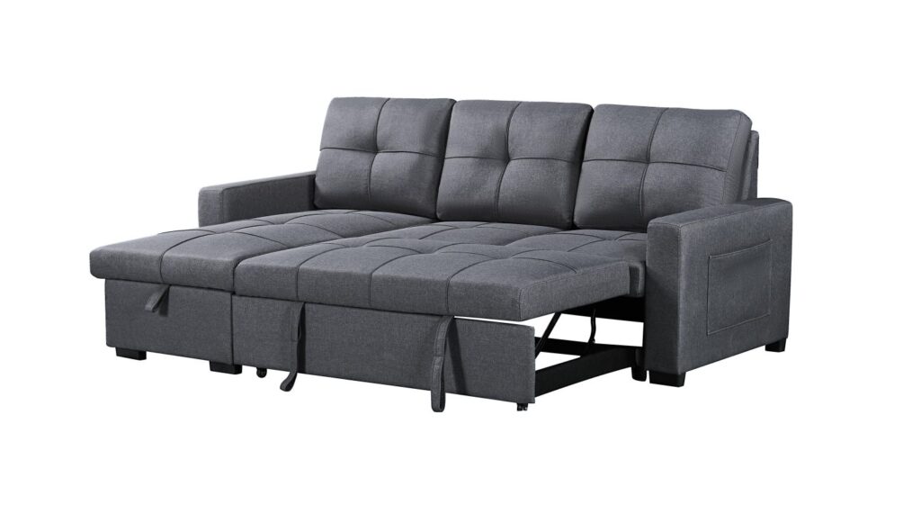 Naples Linen 3-Seater L Shape Sofa with Storage Chaise, Pullout Footrest & Drop-Down Drinks Holder in Dark Grey