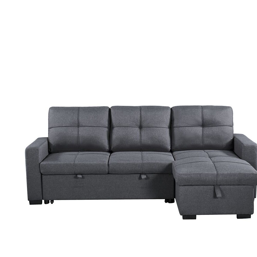 Naples Linen 3-Seater L Shape Sofa with Storage Chaise, Pullout Footrest & Drop-Down Drinks Holder in Dark Grey