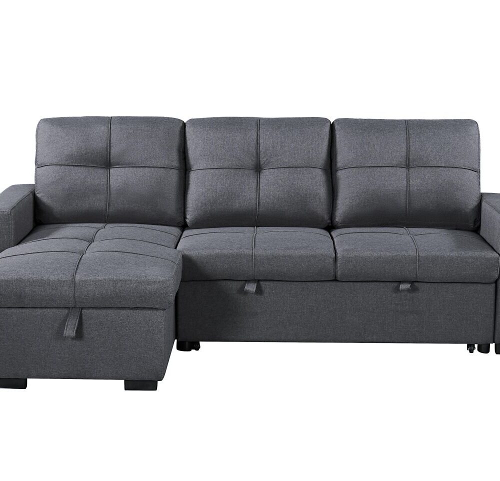 Naples Linen 3-Seater L Shape Sofa with Storage Chaise, Pullout Footrest & Drop-Down Drinks Holder in Dark Grey