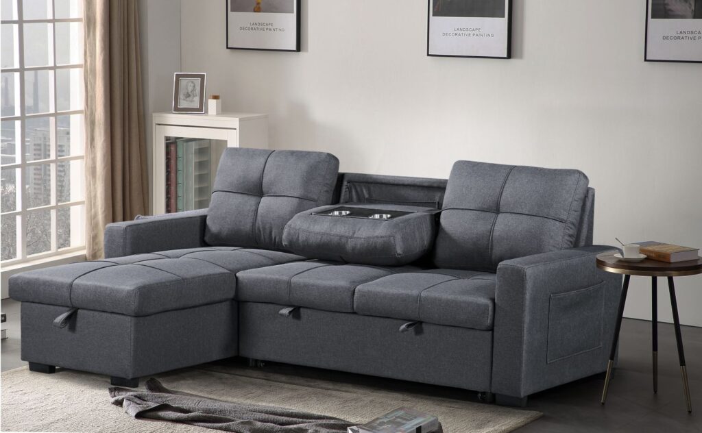 Naples Linen 3-Seater L Shape Sofa with Storage Chaise, Pullout Footrest & Drop-Down Drinks Holder in Dark Grey