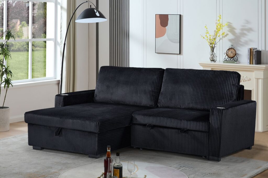 Florence Jumbo Cord L-Shape Sofa with Storage Chaise, Pullout Footrest and Built-in Cupholders in Black
