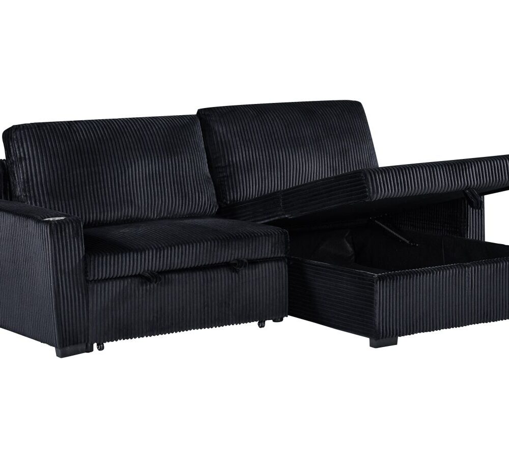 Florence Jumbo Cord L-Shape Sofa with Storage Chaise, Pullout Footrest and Built-in Cupholders in Black