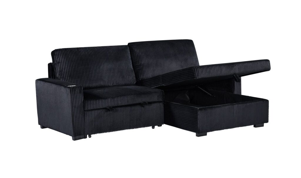 Florence Jumbo Cord L-Shape Sofa with Storage Chaise, Pullout Footrest and Built-in Cupholders in Black