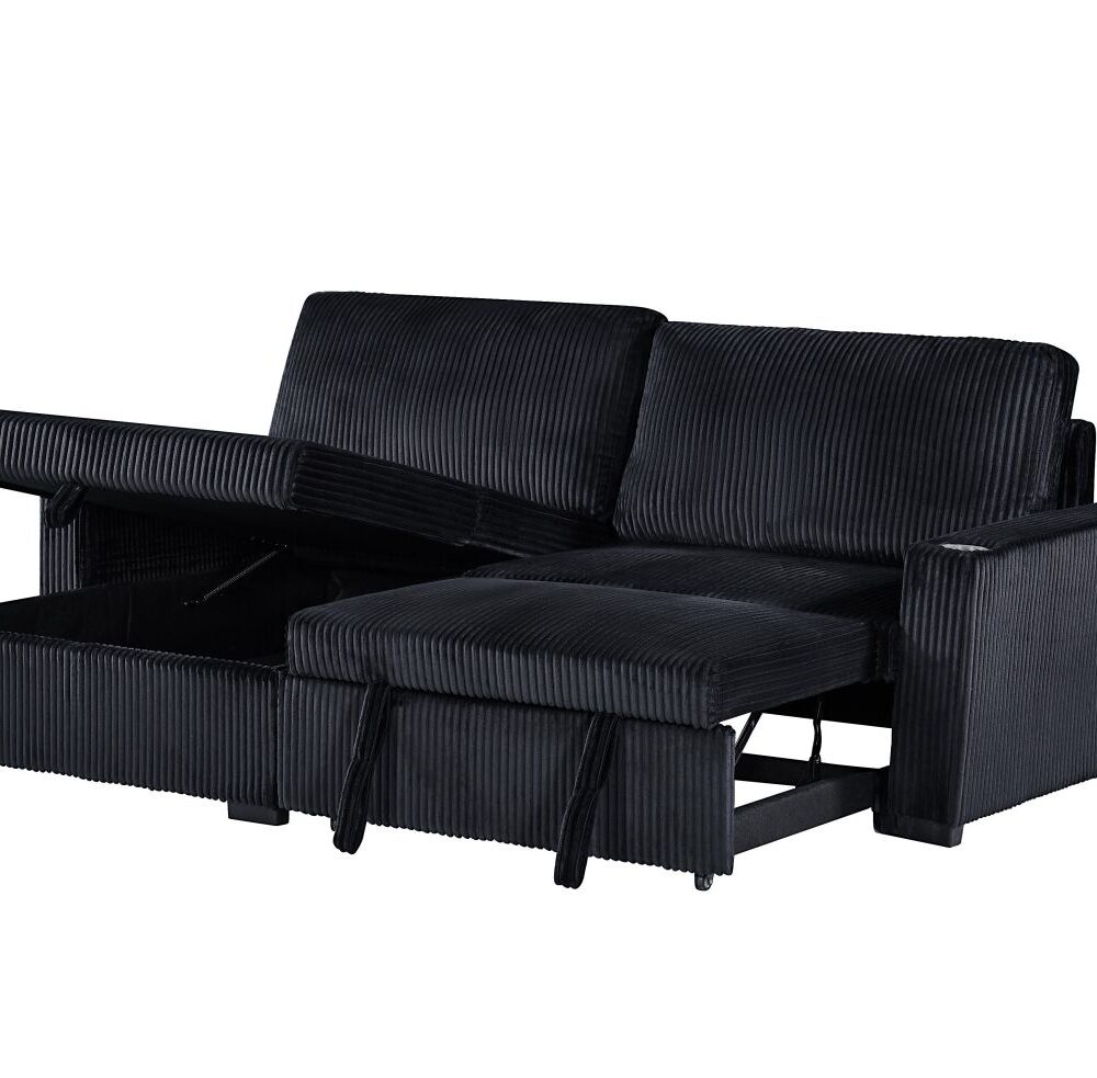 Florence Jumbo Cord L-Shape Sofa with Storage Chaise, Pullout Footrest and Built-in Cupholders in Black