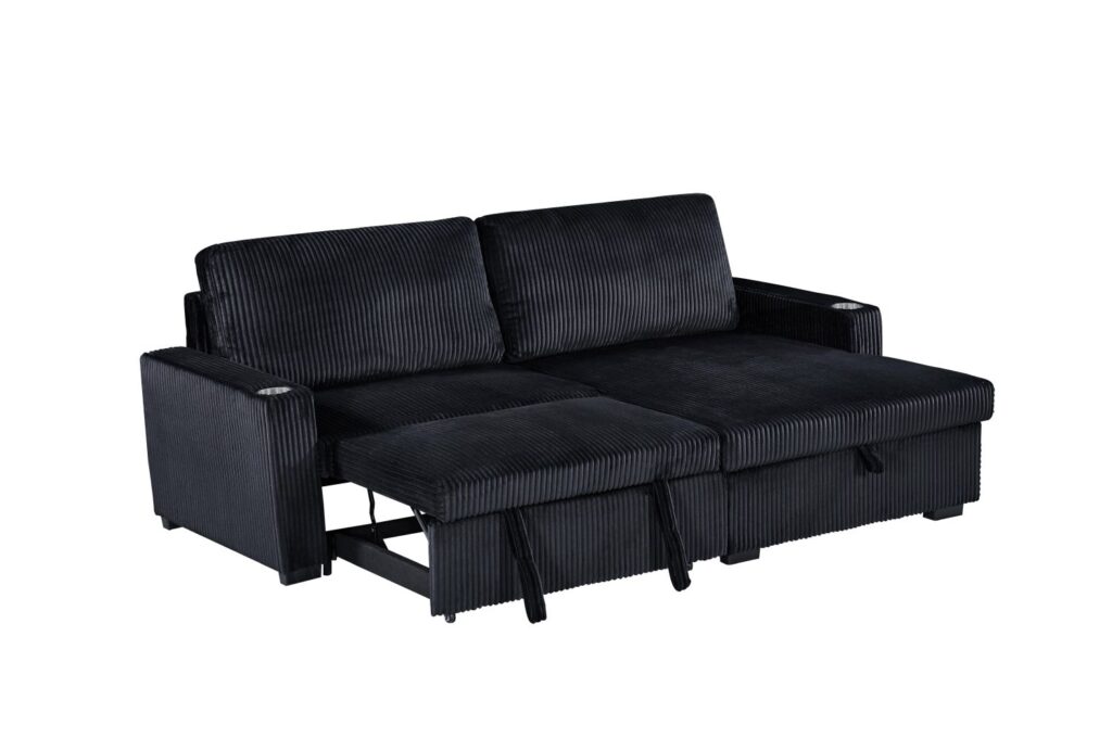 Florence Jumbo Cord L-Shape Sofa with Storage Chaise, Pullout Footrest and Built-in Cupholders in Black