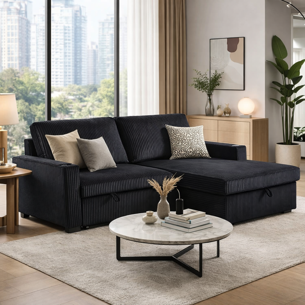 Florence Jumbo Cord L-Shape Sofa with Storage Chaise, Pullout Footrest and Built-in Cupholders in Black