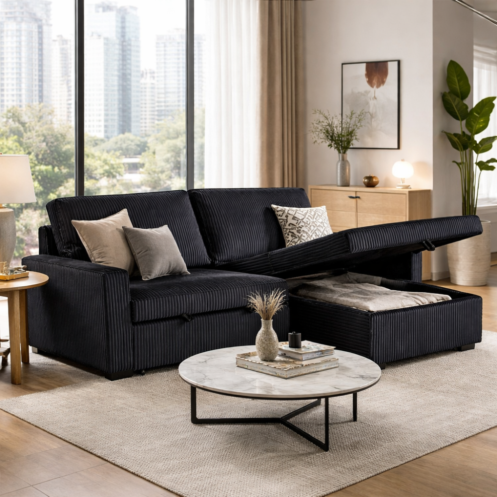 Florence Jumbo Cord L-Shape Sofa with Storage Chaise, Pullout Footrest and Built-in Cupholders in Black