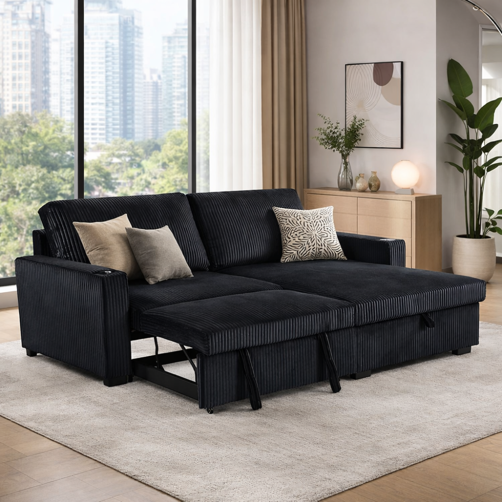 Florence Jumbo Cord L-Shape Sofa with Storage Chaise, Pullout Footrest and Built-in Cupholders in Black