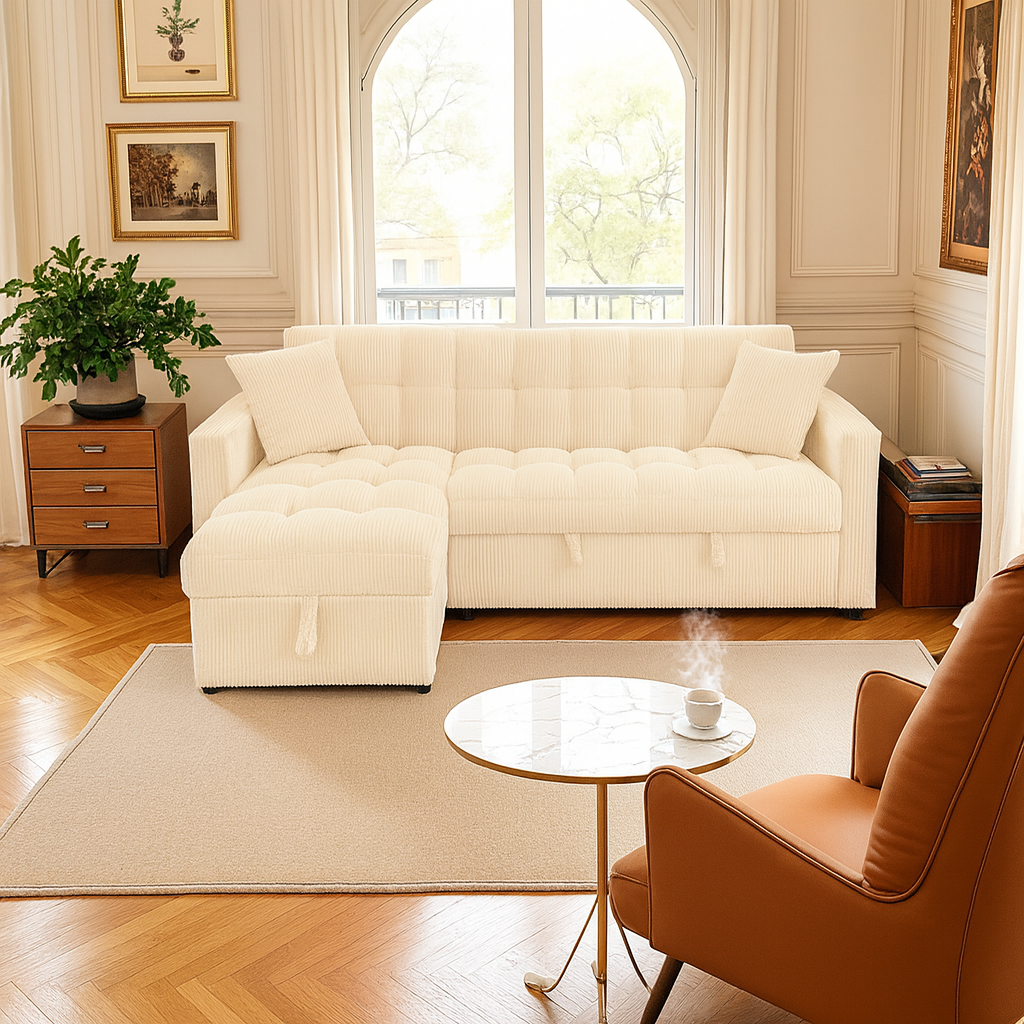 Modena Jumbo Cord 3 Seater Pull-Out Sofa Bed with Reversible Storage Chaise - Cream