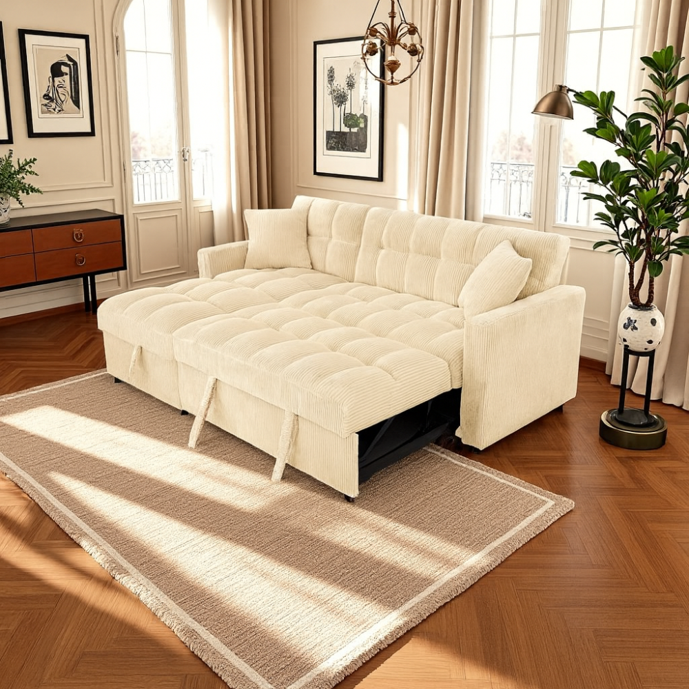 Modena Jumbo Cord 3 Seater Pull-Out Sofa Bed with Reversible Storage Chaise - Cream