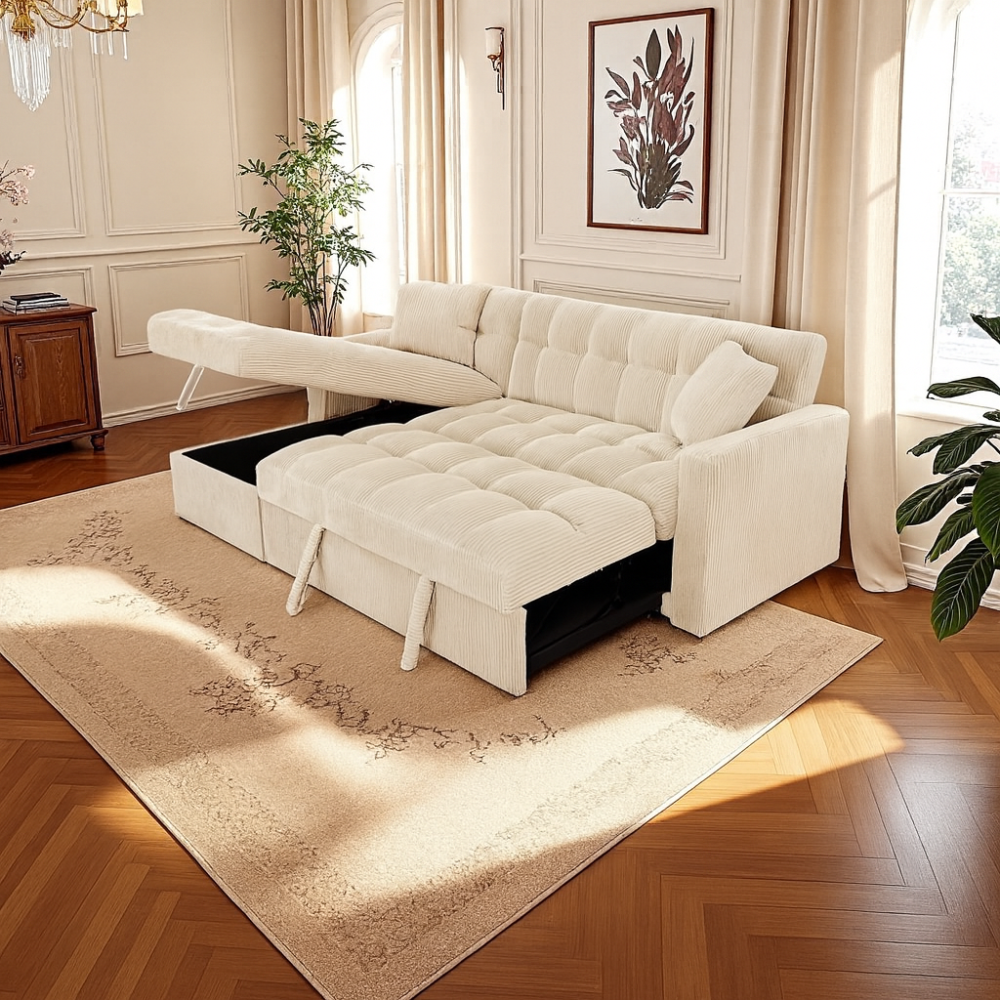 Modena Jumbo Cord 3 Seater Pull-Out Sofa Bed with Reversible Storage Chaise - Cream