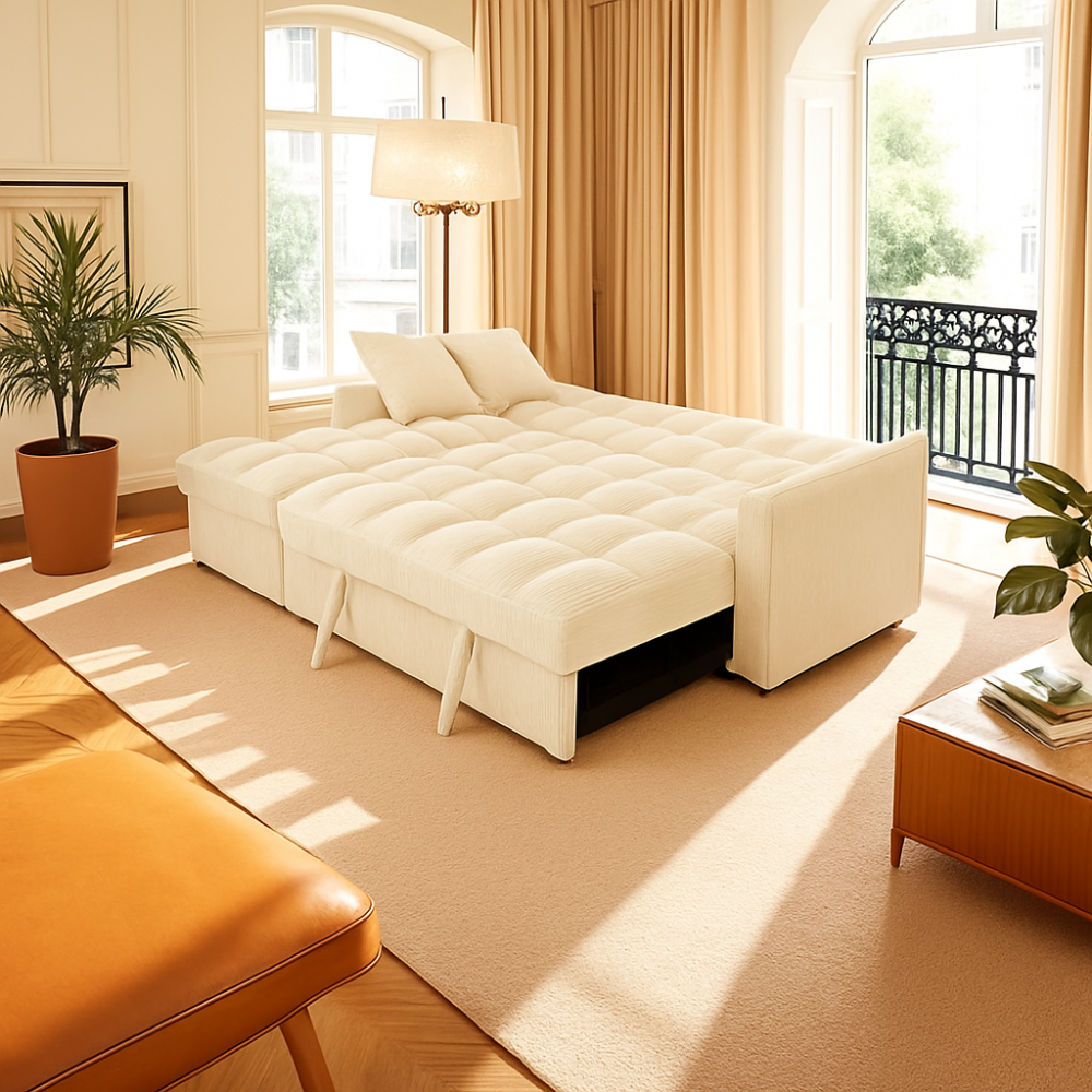 Modena Jumbo Cord 3 Seater Pull-Out Sofa Bed with Reversible Storage Chaise - Cream