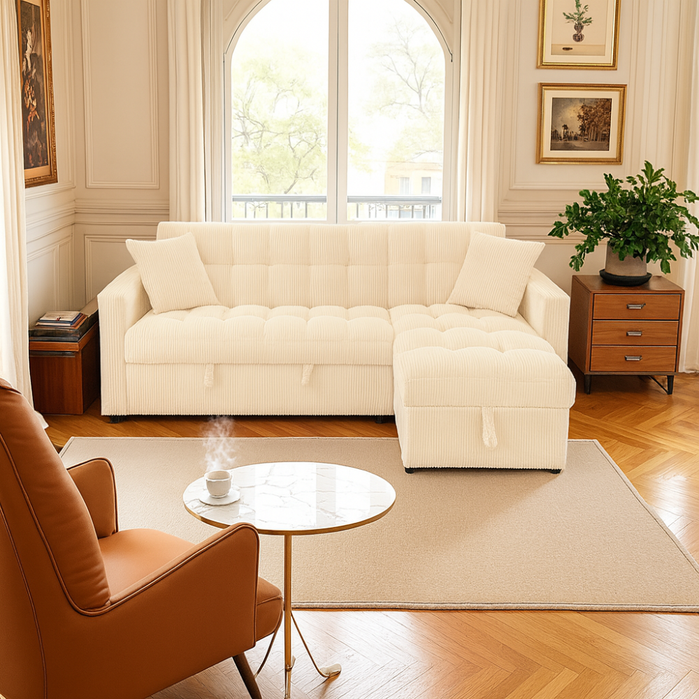 Modena Jumbo Cord 3 Seater Pull-Out Sofa Bed with Reversible Storage Chaise - Cream