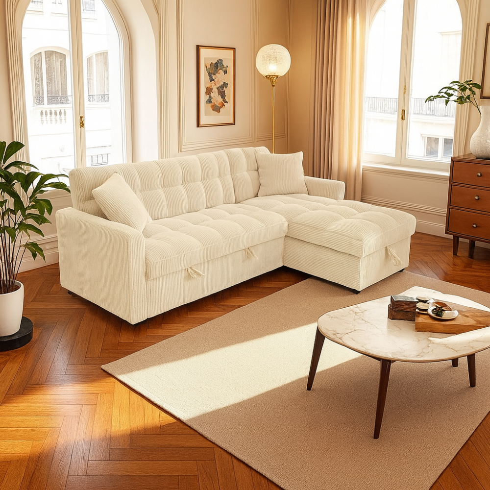 Modena Jumbo Cord 3 Seater Pull-Out Sofa Bed with Reversible Storage Chaise - Cream