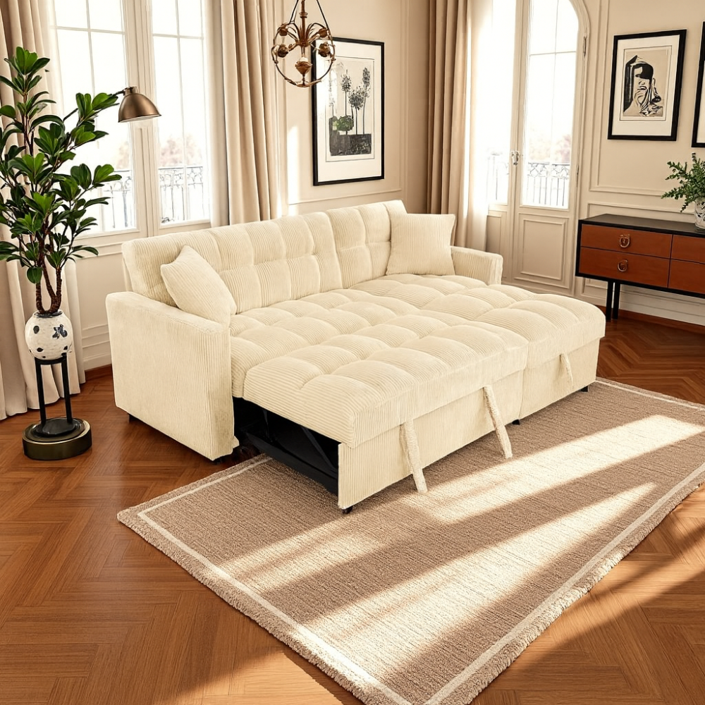 Modena Jumbo Cord 3 Seater Pull-Out Sofa Bed with Reversible Storage Chaise - Cream