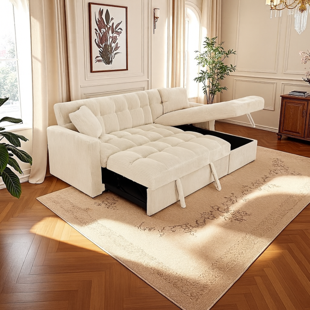 Modena Jumbo Cord 3 Seater Pull-Out Sofa Bed with Reversible Storage Chaise - Cream