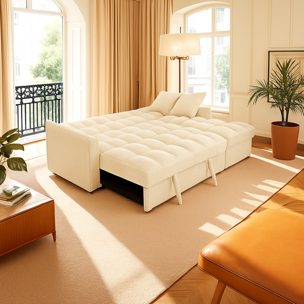 Modena Jumbo Cord 3 Seater Pull-Out Sofa Bed with Reversible Storage Chaise - Cream