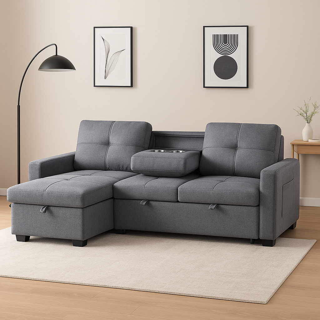 Naples Linen 3-Seater L Shape Sofa with Storage Chaise, Pullout Footrest & Drop-Down Drinks Holder in Dark Grey