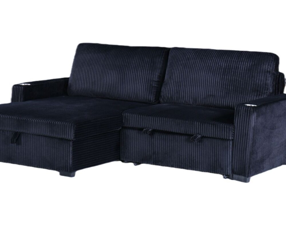 Florence Jumbo Cord L-Shape Sofa with Storage Chaise, Pullout Footrest and Built-in Cupholders in Black
