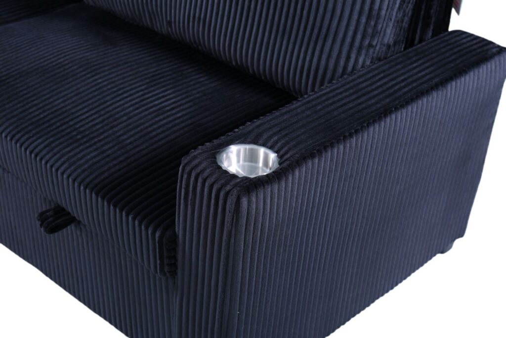 Florence Jumbo Cord L-Shape Sofa with Storage Chaise, Pullout Footrest and Built-in Cupholders in Black