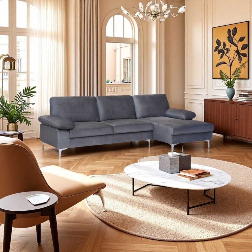 Venosa Velvet 3 Seater L-Shape Sofa in Grey