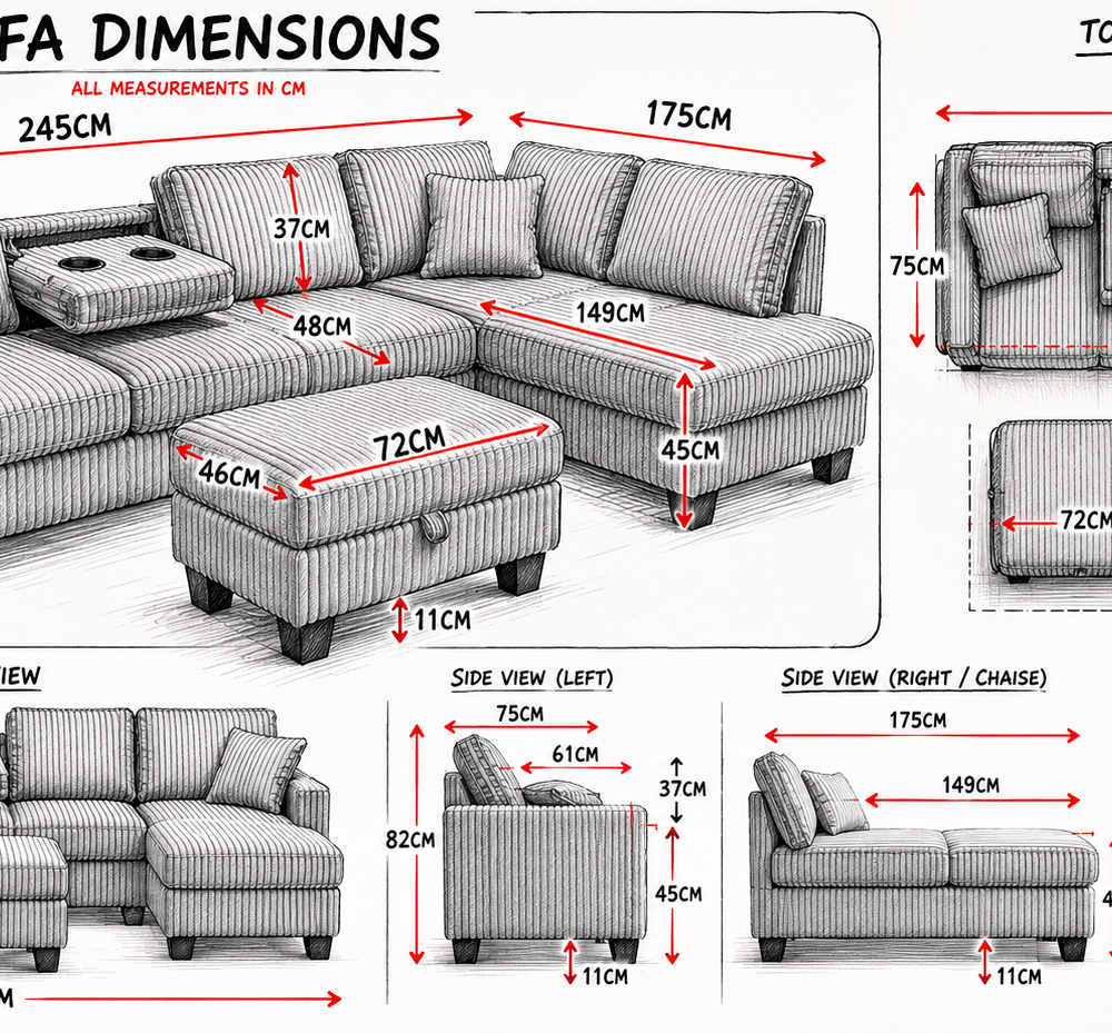 Vienna Jumbo Cord L-Shaped Corner Sofa with Storage Ottoman Footstool & Drop Down Table in Black
