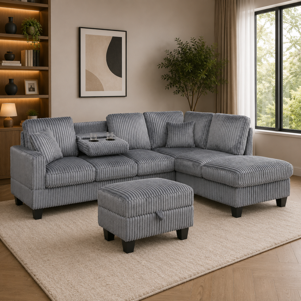 Vienna Jumbo Cord L-Shaped Corner Sofa with Storage Ottoman Footstool & Drop Down Table in Grey