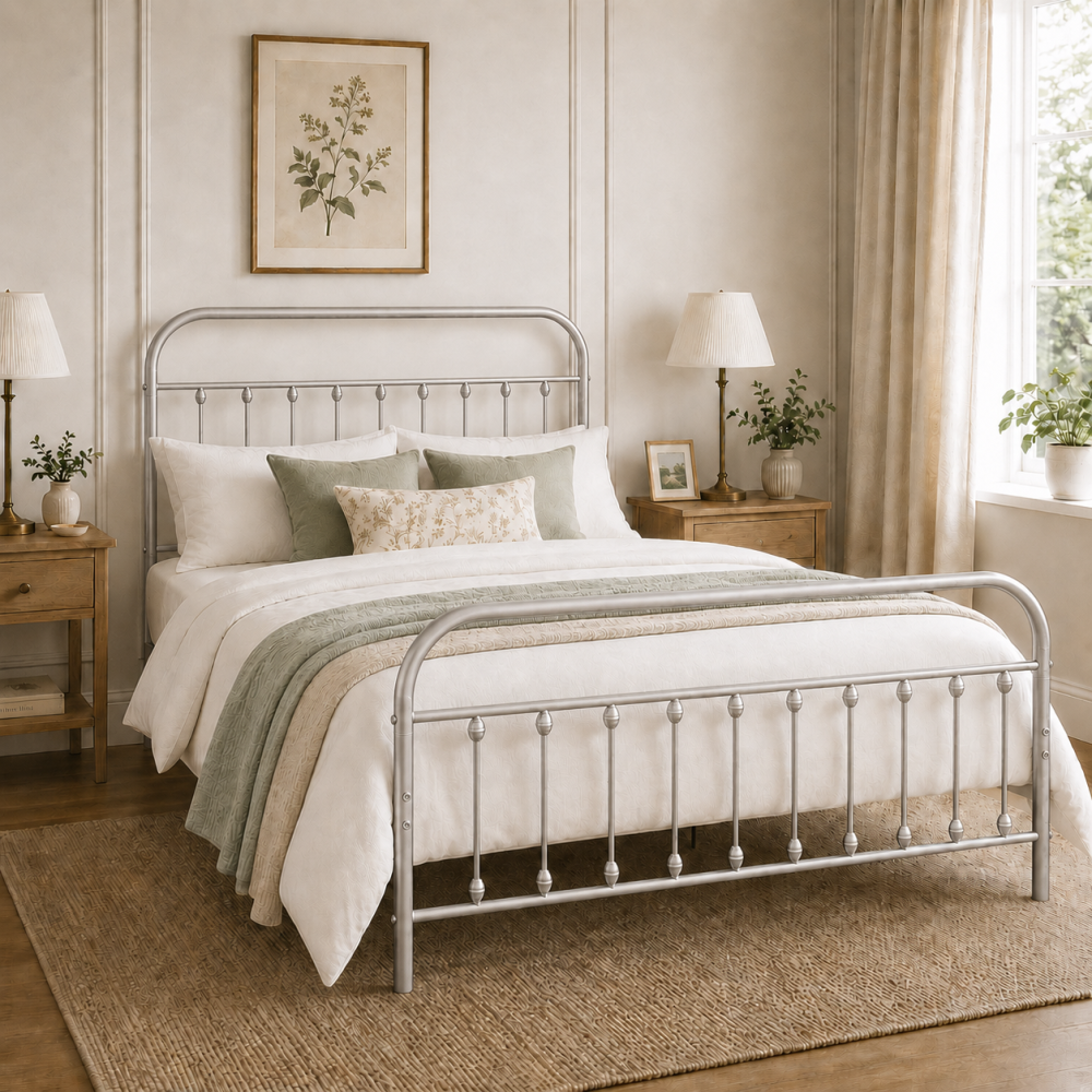Amelia Metal Bed Frame with Decorative Spindle Detailing - Double Bed - Nickel Silver