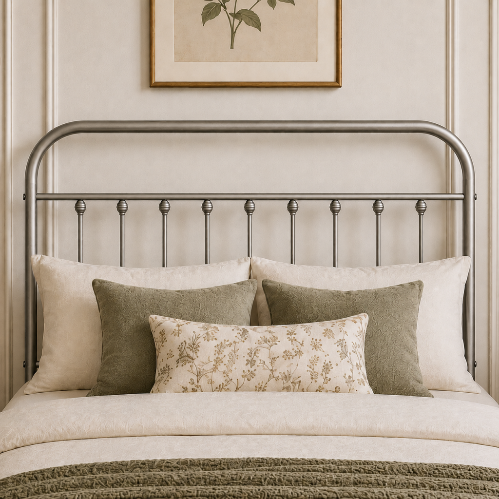Amelia Metal Bed Frame with Decorative Spindle Detailing - Double Bed - Nickel Silver