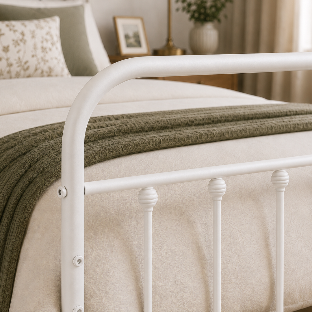 Amelia Metal Bed Frame with Decorative Spindle Detailing - Double Bed - White Amelia White