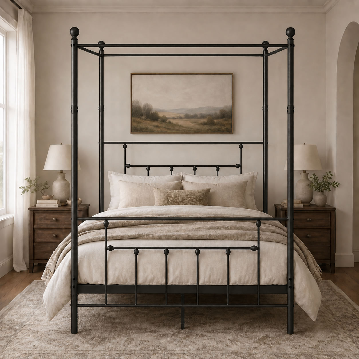 007-CHARLOTTE-BLACK 1 Charlotte Four Poster Metal Bed Frame with Finial Detailing, Double Canopy Bed - Black