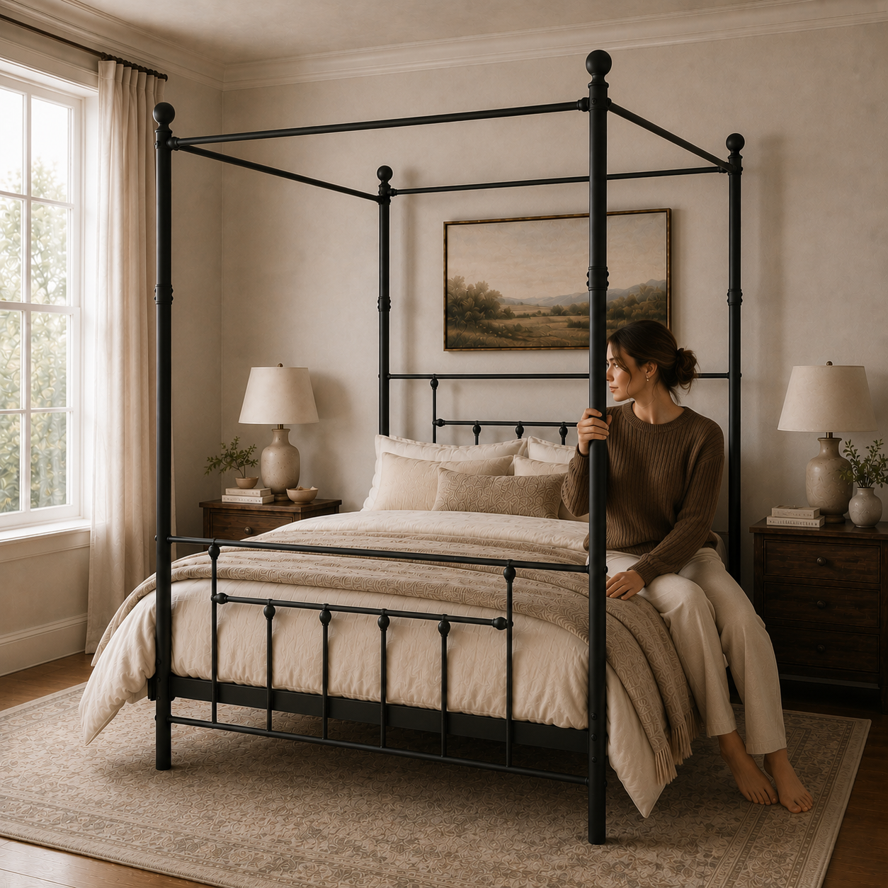 007-CHARLOTTE-BLACK 3 Charlotte Four Poster Metal Bed Frame with Finial Detailing, Double Canopy Bed - Black