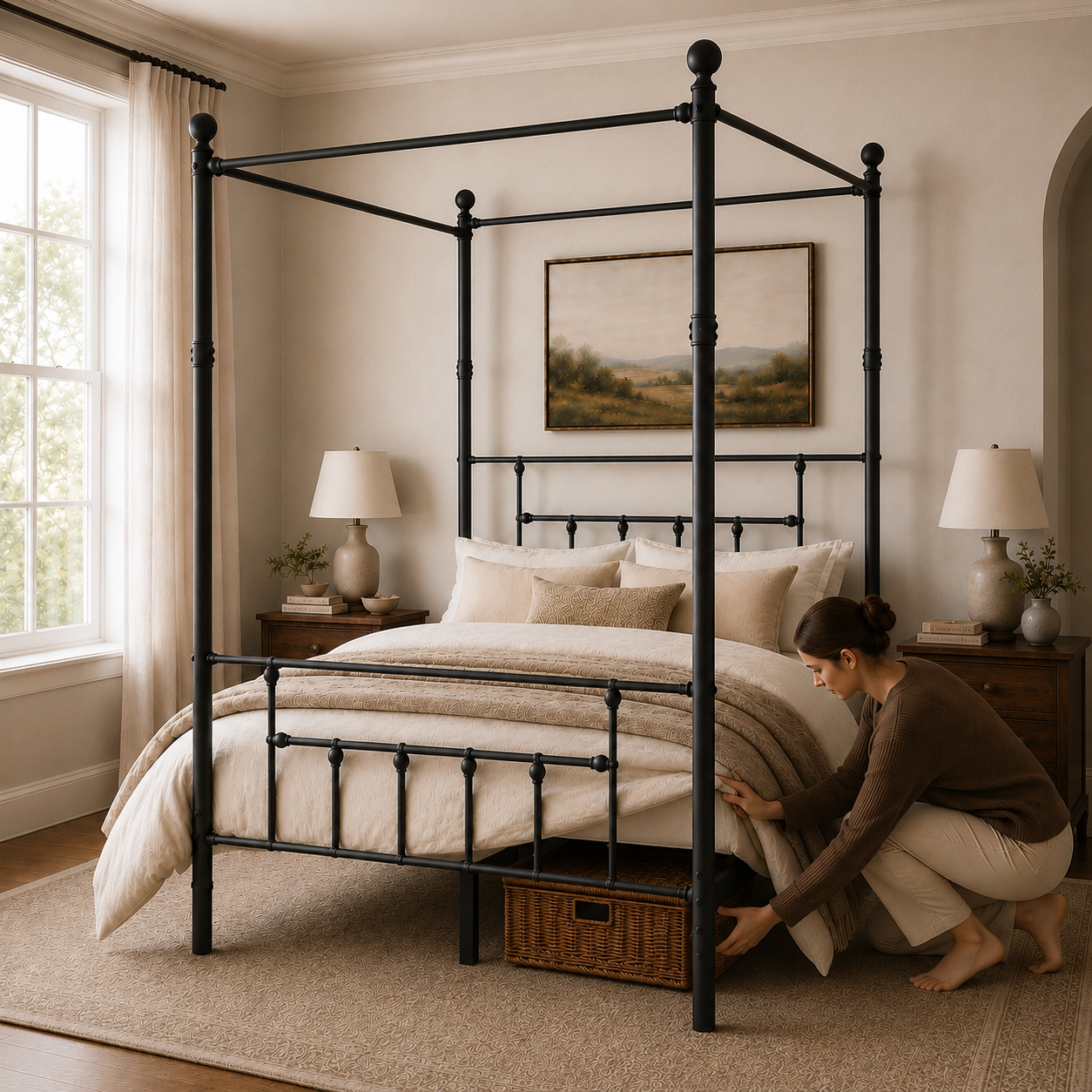 007-CHARLOTTE-BLACK 4 Charlotte Four Poster Metal Bed Frame with Finial Detailing, Double Canopy Bed - Black