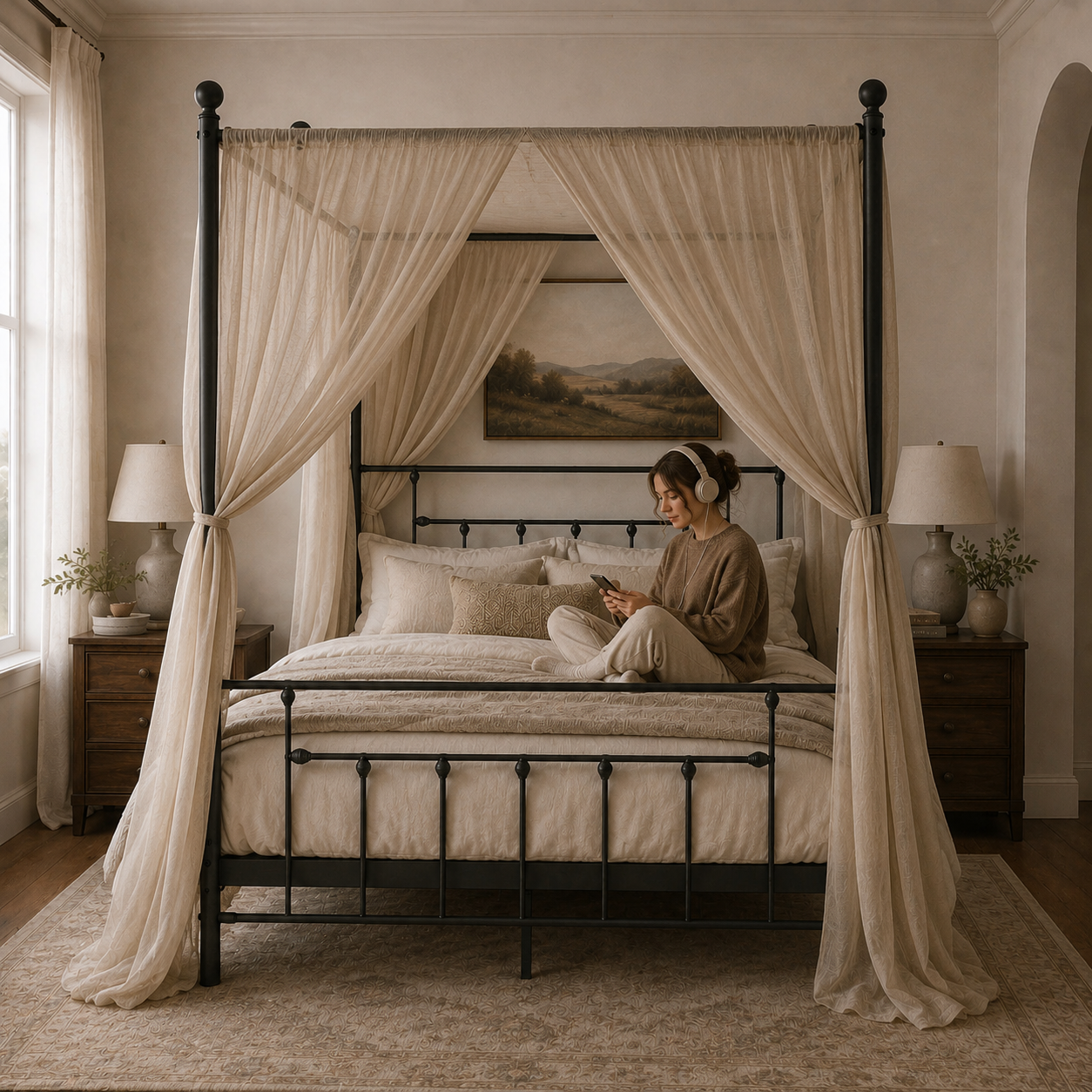 007-CHARLOTTE-BLACK 5 Charlotte Four Poster Metal Bed Frame with Finial Detailing, Double Canopy Bed - Black