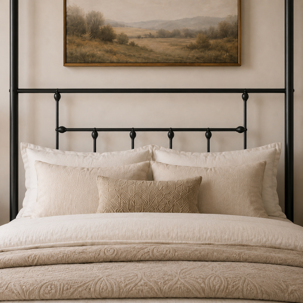 Charlotte Four Poster Metal Bed Frame with Finial Detailing, Double Canopy Bed - Black