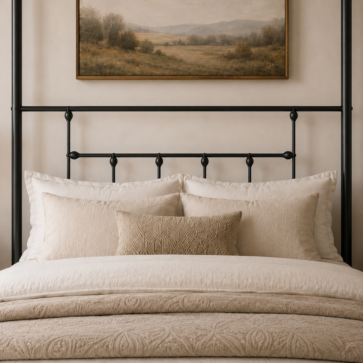 007-CHARLOTTE-BLACK 6 Charlotte Four Poster Metal Bed Frame with Finial Detailing, Double Canopy Bed - Black