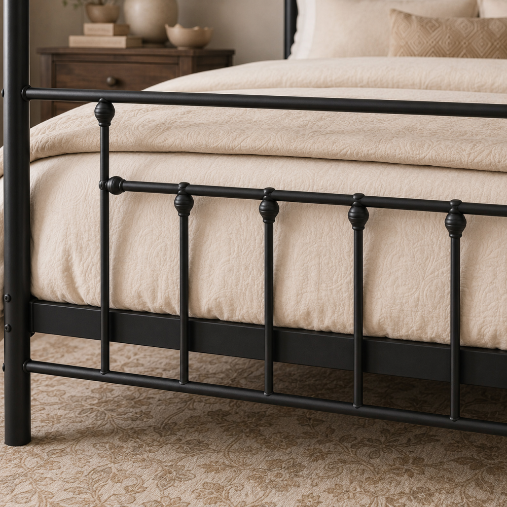 Charlotte Four Poster Metal Bed Frame with Finial Detailing, Double Canopy Bed - Black Charlotte Four Poster Metal Bed Frame with Finial Detailing, Double Canopy Bed - Black