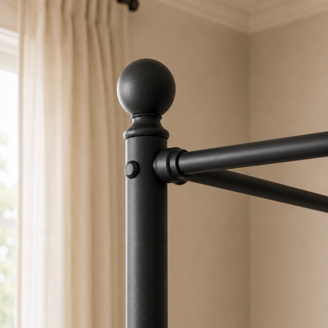 007-CHARLOTTE-BLACK 8 Charlotte Four Poster Metal Bed Frame with Finial Detailing, Double Canopy Bed - Black