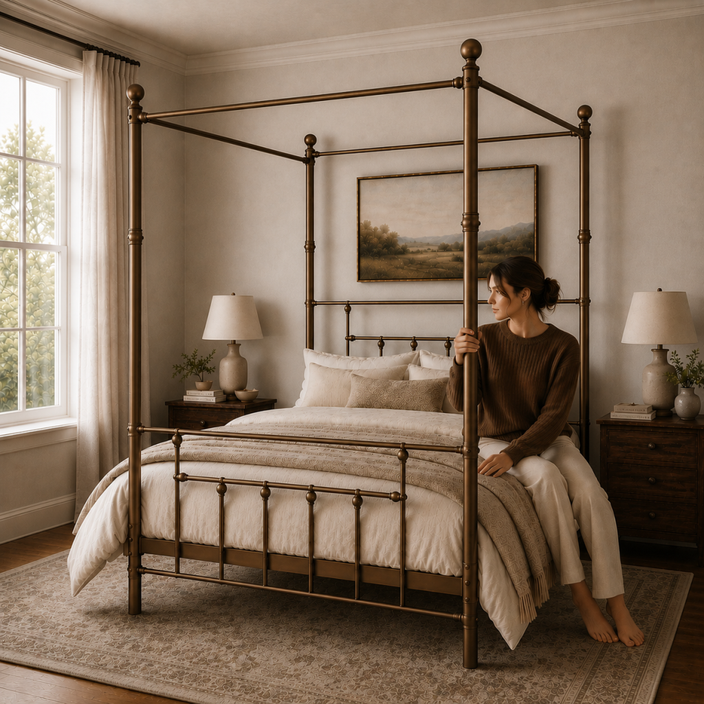 Charlotte Four Poster Metal Bed Frame with Finial Detailing, Double Canopy Bed - Antique Gold