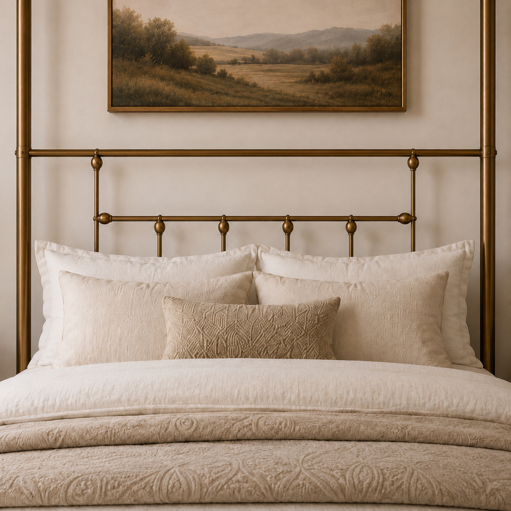 Charlotte Four Poster Metal Bed Frame with Finial Detailing, Double Canopy Bed - Antique Gold