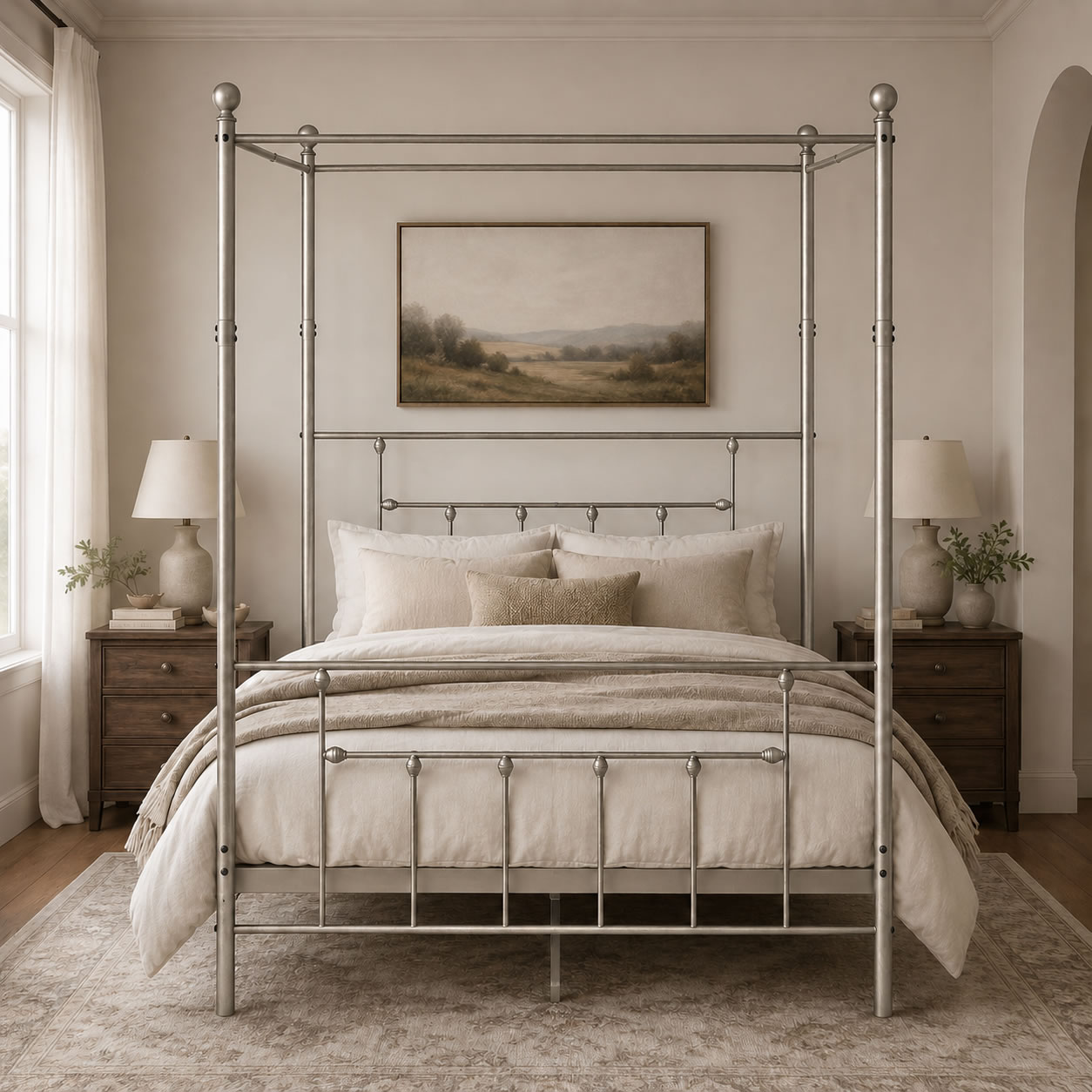 Charlotte Four Poster Metal Bed Frame with Finial Detailing, Double Canopy Bed - Nickel Silver Charlotte Four Poster Metal Bed Frame with Finial Detailing, Double Canopy Bed - Nickel Silver