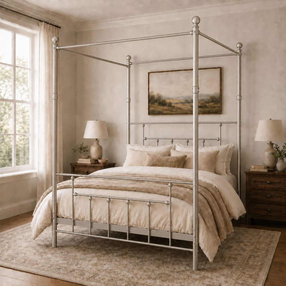 Charlotte Four Poster Metal Bed Frame with Finial Detailing, Double Canopy Bed - Nickel Silver Charlotte Four Poster Metal Bed Frame with Finial Detailing, Double Canopy Bed - Nickel Silver - Image 3