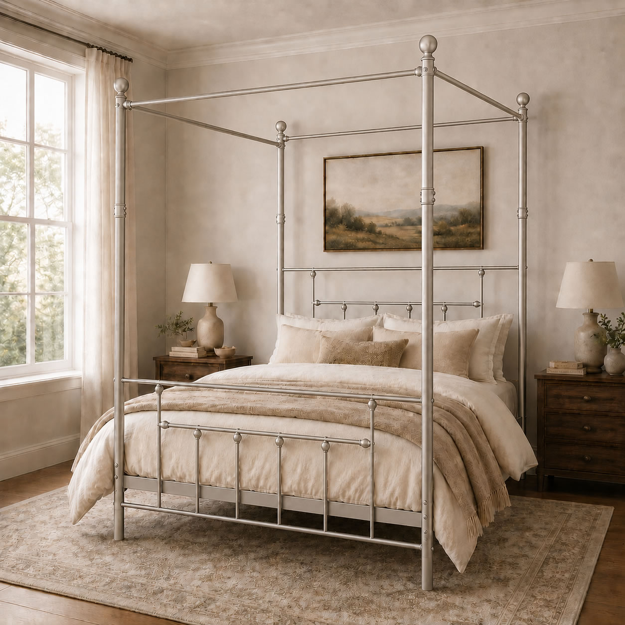 Charlotte Four Poster Metal Bed Frame with Finial Detailing, Double Canopy Bed - Nickel Silver Charlotte Four Poster Metal Bed Frame with Finial Detailing, Double Canopy Bed - Nickel Silver - Image 3