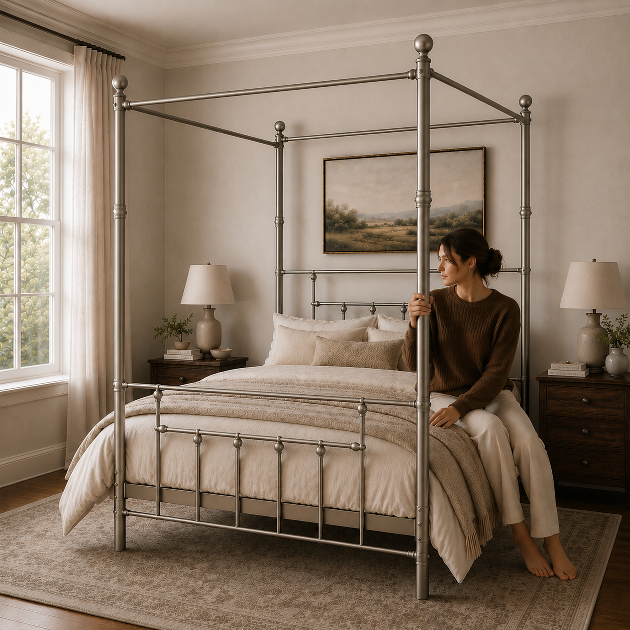 Charlotte Four Poster Metal Bed Frame with Finial Detailing, Double Canopy Bed - Nickel Silver Charlotte Four Poster Metal Bed Frame with Finial Detailing, Double Canopy Bed - Nickel Silver - Image 4