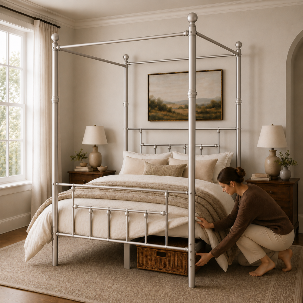 Charlotte Four Poster Metal Bed Frame with Finial Detailing, Double Canopy Bed - Nickel Silver Charlotte Four Poster Metal Bed Frame with Finial Detailing, Double Canopy Bed - Nickel Silver - Image 5